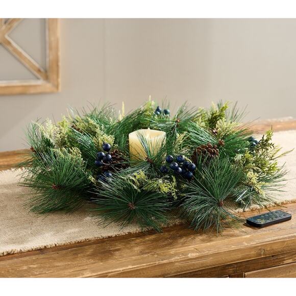 Luminara 4.5" Pillar Flameless Candle + Christmas 18" Wreath Blue Berries Pines - Picture 8 of 10